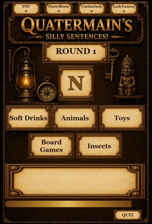 Current digital play-testing screen for the Silly Sentences family word game